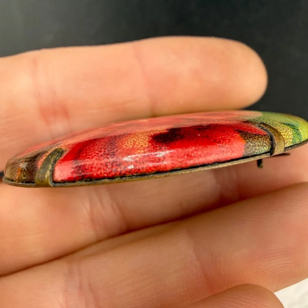 Vintage Victorian Porcelain Brooch Red Rose Floral Oval Brass Tone Pin